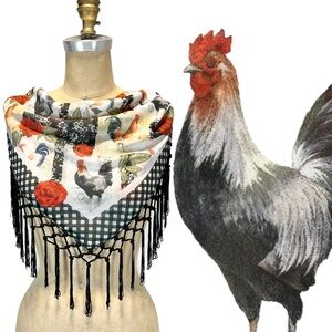 Farmhouse rooster chicken fringe scarf collar picnic gingham checker rose floral
